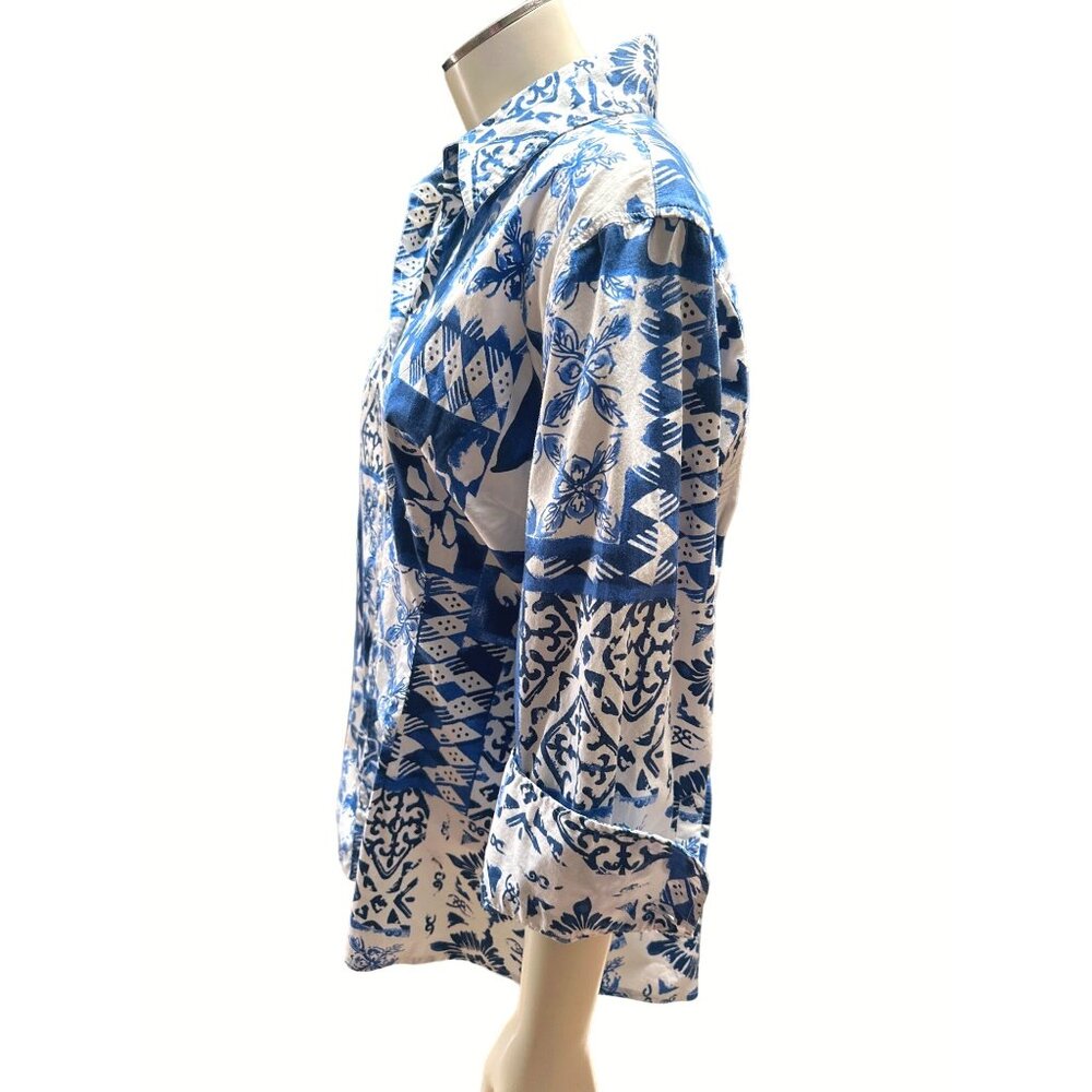 Coldwater Creek Womens L Blue White Floral Button Up Shirt Cotton Spandex Blend - Picture 2 of 8